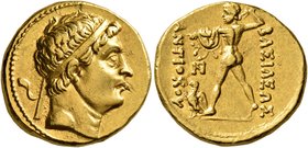 BAKTRIA, Greco-Baktrian Kingdom. Diodotos I, circa 255-235 BC. Stater (Gold, 17 mm, 8.26 g, 7 h), in the name of the Seleukid King Antiochos II (?), m...