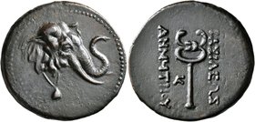 BAKTRIA, Greco-Baktrian Kingdom. Demetrios I, circa 200-185 BC. AE (Bronze, 29 mm, 12.40 g, 1 h), Baktra. Head of an elephant to right, wearing bell a...