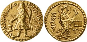 INDIA, Kushan Empire. Kanishka I, circa 127/8-152. Dinar (Gold, 20 mm, 8.00 g, 11 h), transitional issue from Kanishka to Huvishka. Subsidiary mint in...