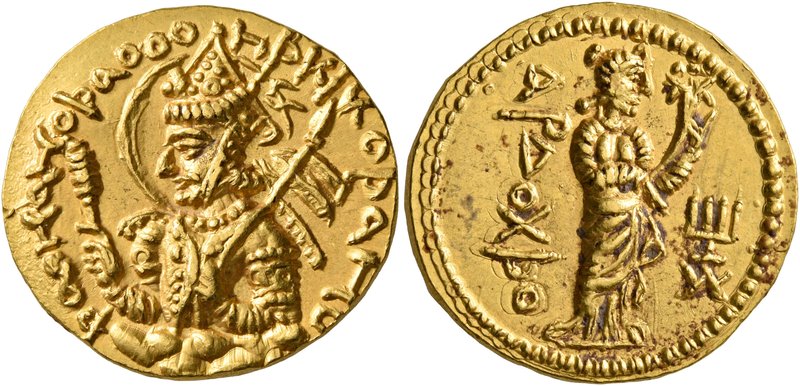 INDIA, Kushan Empire. Huvishka, circa 151-190. Dinar (Gold, 21 mm, 7.96 g, 1 h),...