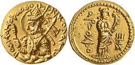 INDIA, Kushan Empire. Huvishka, circa 151-190. Dinar (Gold, 21 mm, 7.96 g, 1 h), main mint in Baktria (Balkh?). ÞαoHαHoÞαoooHÞKIKoÞαHo Nimbate, diadem...