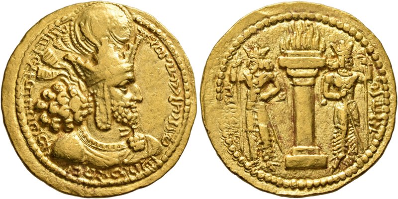 SASANIAN KINGS. Shahpur I, 240-272. Dinar (Gold, 22 mm, 7.18 g, 4 h), mint I ('K...