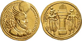 SASANIAN KINGS. Bahram II, 276-293. Dinar (Gold, 22 mm, 7.48 g, 3 h), 'HWPY/HRPY' mint (Herat?). Draped bust of Bahram II to right, bearded and wearin...