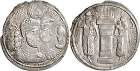 SASANIAN KINGS. Bahram II, with Queen and Prince 4, 276-293. Drachm (Silver, 27 mm, 4.13 g, 3 h), uncertain 'central' mint. Jugate draped busts of Bah...