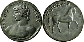ARCADIA. Mantinea. Antinoüs, died 130. Medallion (Bronze, 39 mm, 40.82 g, 1 h), Veturios, late 131 or early 132. BЄTOYPIOC Bare-headed, heroic nude th...