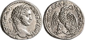 SYRIA, Seleucis and Pieria. Antioch. Caracalla, 198-217. Tetradrachm (Silver, 27 mm, 13.63 g, 12 h), 208-211. AYT•KAI• ANTΩNЄINOC•CЄB• Laureate head o...