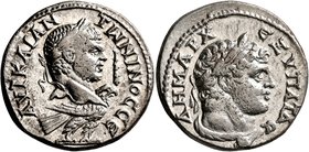 PHOENICIA. Tyre. Caracalla, 198-217. Tetradrachm (Silver, 26 mm, 12.41 g, 6 h), 213-217. AYT KAI ANTWNINOC CЄ• Laureate head of Caracalla set to right...