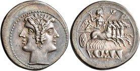 Anonymous, circa 225-214 BC. Quadrigatus - Didrachm (Silver, 23 mm, 6.58 g, 6 h), Rome. Laureate head of Janus. Rev. ROMA (incuse on raised tablet) Ju...