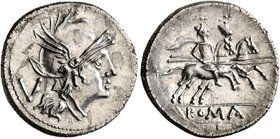 Anonymous, circa 211-208 BC. Quinarius (Silver, 16 mm, 2.20 g, 6 h), uncertain mint. Head of Roma to right, wearing crested and winged helmet; behind,...