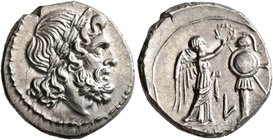 Anonymous, circa 211-208 BC. Victoriatus (Silver, 17 mm, 3.53 g, 3 h), Luceria. Laureate head of Jupiter to right. Rev. [ROMA] / L Victory standing fr...