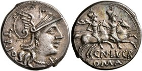 Cn. Lucretius Trio, 136 BC. Denarius (Silver, 18 mm, 3.96 g, 12 h), Rome. TRIO Head of Roma to right, wearing crested and winged helmet; below chin, X...