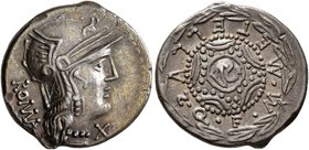 M. Caecilius Q.f. Q.n. Metellus, 127 BC. Denarius (Silver, 18 mm, 3.53 g), Rome. Head of Roma to right, wearing winged helmet; behind, ROMA downward; ...