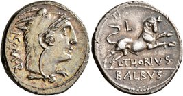 L. Thorius Balbus, 105 BC. Denarius (Silver, 20 mm, 3.83 g, 4 h), Rome. I•S•M•R Head of Juno Sospita to right, wearing goat-skin headdress. Rev. L•THO...