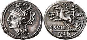 C. Coelius Caldus, 104 BC. Denarius (Silver, 19 mm, 3.93 g, 4 h), Rome. Head of Roma to left, wearing winged helmet. Rev. C•COIL / CALD Victory drivin...