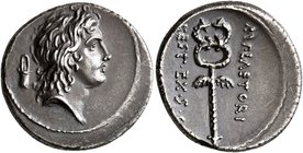 M. Plaetorius M.f. Cestianus, 69 BC. Denarius (Silver, 18 mm, 4.06 g, 5 h), Rome. Youthful male head to right; behind, pail with lid and strap. Rev. M...