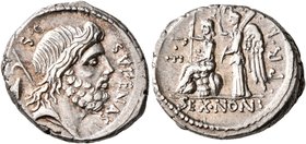 M. Nonius Sufenas, 59 BC. Denarius (Silver, 18 mm, 4.00 g, 5 h), Rome. SVFENAS S•C Head of Saturn to right; behind, harpa and conical stone. Rev. PR•L...