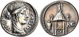 Q. Cassius Longinus, 55 BC. Denarius (Silver, 19 mm, 4.05 g, 6 h), Rome. Q•CASSIVS LIBERT Head of Libertas to right. Rev. Curule chair within hexastyl...