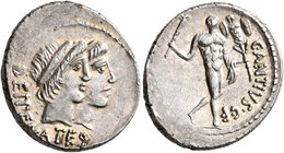 C. Antius C.f. Restio, 47 BC. Denarius (Silver, 19 mm, 3.92 g, 5 h), Rome. DEI PENATES Jugate diademed heads of the Dei Penates to right. Rev. C•ANTIV...