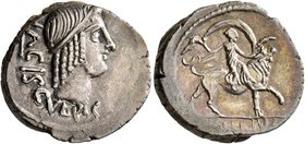 L. Valerius Acisculus, 45 BC. Denarius (Silver, 17 mm, 4.00 g, 12 h), Rome. ACISCVLVS Diademed head of Apollo Soranus to right; behind, acisculus. Rev...