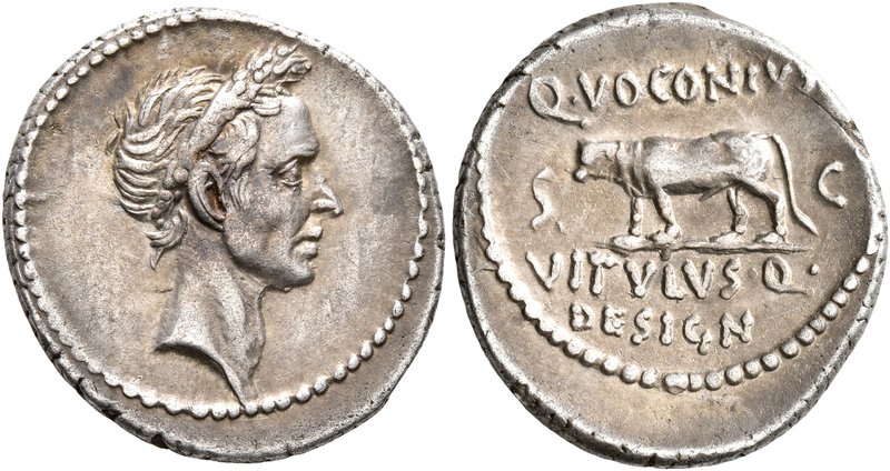 Divus Julius Caesar, † 44 BC. Denarius (Silver, 20 mm, 3.75 g, 7 h), Q. Voconius...