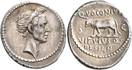 Divus Julius Caesar, † 44 BC. Denarius (Silver, 20 mm, 3.75 g, 7 h), Q. Voconius Vitulus, moneyer, Rome, 40. Laureate head of Divus Julius Caesar to r...