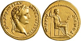 Tiberius, 14-37. Aureus (Gold, 19 mm, 7.78 g), Lugdunum. TI CAESAR DIVI AVG F AVGVSTVS Laureate head of Tiberius to right. Rev. PONTIF MAXIM Livia (as...