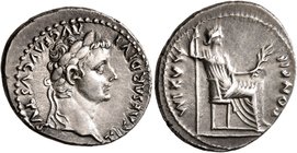 Tiberius, 14-37. Denarius (Silver, 19 mm, 3.81 g, 1 h), Lugdunum. TI CAESAR DIVI AVG F AVGVSTVS Laureate head of Tiberius to right. Rev. PONTIF MAXIM ...