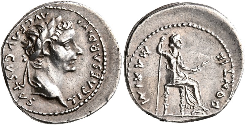 Tiberius, 14-37. Denarius (Silver, 20 mm, 3.80 g, 10 h), Lugdunum. TI CAESAR DIV...