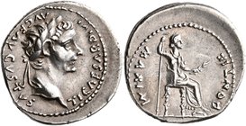 Tiberius, 14-37. Denarius (Silver, 20 mm, 3.80 g, 10 h), Lugdunum. TI CAESAR DIVI AVG F AVGVSTVS Laureate head of Tiberius to right. Rev. PONTIF MAXIM...