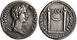 Antonia Minor, Augusta, 37 and 41. Denarius (Silver, 18 mm, 3.73 g, 11 h), Rome, struck under Claudius, 41-42. ANTONIA AVGVSTA Draped bust of Antonia ...
