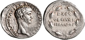 Claudius, 41-54. Denarius (Silver, 20 mm, 3.81 g, 11 h), Rome, 41-42. TI CLAVD CAESAR AVG GERM P M TR P Head of Claudius to right, wearing oak wreath....
