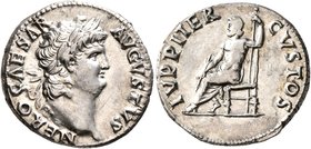 Nero, 54-68. Denarius (Silver, 18 mm, 3.25 g, 6 h), Rome, 67-68. NERO CAESAR AVGVSTVS Laureate head of Nero to right. Rev. IVPPITER CVSTOS Jupiter sea...