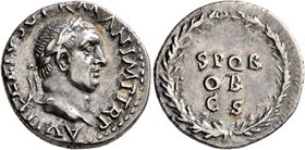 Vitellius, 69. Denarius (Silver, 18 mm, 3.22 g, 6 h), Rome, late April-20 December 69. A VITELLIVS GERMAN IMP TR P Laureate head of Vitellius to right...