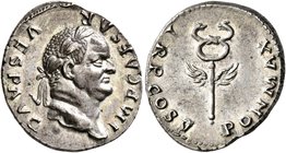 Vespasian, 69-79. Denarius (Silver, 19 mm, 3.69 g, 6 h), Rome, 74. IMP CAESAR VESP AVG Laureate head of Vespasian to right. Rev. PON MAX TR P COS V Wi...