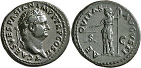 Titus, as Caesar, 69-79. As (Copper, 27 mm, 10.62 g, 5 h), Rome, 72. T CAES VESPASIAN IMP P TR P COS II Laureate head of Titus to right. Rev. AEQVITAS...