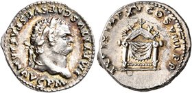 Titus, 79-81. Denarius (Silver, 18 mm, 3.56 g, 7 h), Rome, January-June 80. IMP•TITVS CAES VESPASIAN AVG P M• Laureate head of Titus to right. Rev. TR...