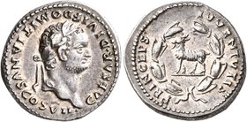 Domitian, as Caesar, 69-81. Denarius (Silver, 18 mm, 3.47 g, 7 h), Rome, 80-81. CAESAR•DIVI F DOMITIANVS COS VII• Laureate head of Domitian to right. ...