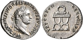 Domitian, 81-96. Denarius (Silver, 18 mm, 3.36 g, 5 h), Rome, 81. IMP CAES DIVI VESP F DOMITIAN AVG P M Laureate head of Domitian to right. Rev. TR P ...