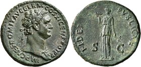 Domitian, 81-96. As (Copper, 28 mm, 11.72 g, 7 h), Rome, 85. IMP CAES DOMIT AVG GERM COS XI CENS POT P P Laureate head of Domitian to right, with aegi...