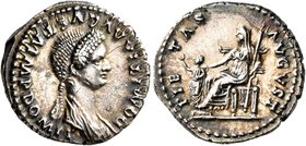 Domitia, Augusta, 82-96. Denarius (Silver, 19 mm, 3.58 g, 5 h), Rome. DOMITIA AVGVSTA IMP DOMIT Draped bust of Domitia to right, wearing pearl necklac...