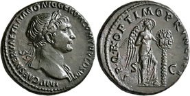 Trajan, 98-117. As (Copper, 27 mm, 11.62 g, 7 h), Rome, 104-106/7. IMP CAES NERVAE TRAIANO AVG GER DAC P M TR P COS V P P Laureate head of Trajan to r...
