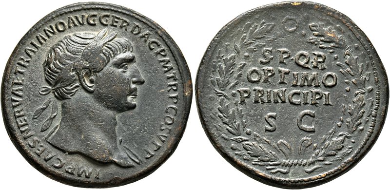 Trajan, 98-117. Sestertius (Orichalcum, 34 mm, 25.79 g), Rome, 107-108. IMP CAES...