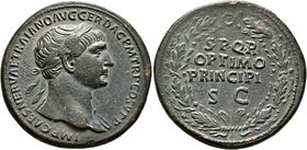 Trajan, 98-117. Sestertius (Orichalcum, 34 mm, 25.79 g), Rome, 107-108. IMP CAES NERVAE TRAIANO AVG GER DAC P M TR P COS V P P Laureate head of Trajan...
