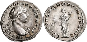 Trajan, 98-117. Denarius (Silver, 20 mm, 3.49 g, 7 h), Rome, 108-109. IMP TRAIANO AVG GER DAC P M TR P Laureate head of Trajan to right, with slight d...