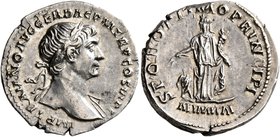 Trajan, 98-117. Denarius (Silver, 19 mm, 3.26 g, 8 h), Rome, circa 112-113. IMP TRAIANO AVG GER DAC P M TR P COS VI P P Laureate head of Trajan to rig...