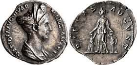 Matidia, Augusta, 112-119. Denarius (Silver, 19 mm, 3.20 g, 7 h), Rome, 112-117. MATIDIA AVG DIVAE MARCIANAE F Draped bust of Matidia to right, wearin...
