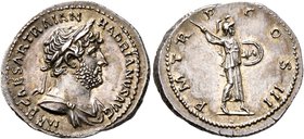 Hadrian, 117-138. Denarius (Silver, 20 mm, 3.53 g, 7 h), Rome, circa 119-122. IMP CAESAR TRAIAN HADRIANVS AVG Laureate and draped bust of Hadrian to r...