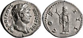 Hadrian, 117-138. Denarius (Silver, 19 mm, 3.21 g, 6 h), Rome, 125-128. HADRIANVS AVGVSTVS Laureate head of Hadrian to right, with slight drapery on h...