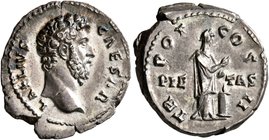 Aelius, Caesar, 136-138. Denarius (Silver, 19 mm, 3.40 g, 7 h), Rome, 137. L AELIVS CAESAR Bare head of Aelius to right. Rev. TR POT COS II / PIE-TAS ...