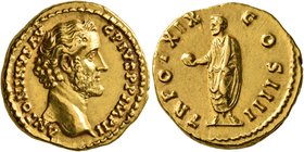 Antoninus Pius, 138-161. Aureus (Gold, 19 mm, 7.41 g, 6 h), Rome, 155-156. ANTONINVS AVG PIVS P P IMP II Bare head of Antoninus Pius to right. Rev. TR...